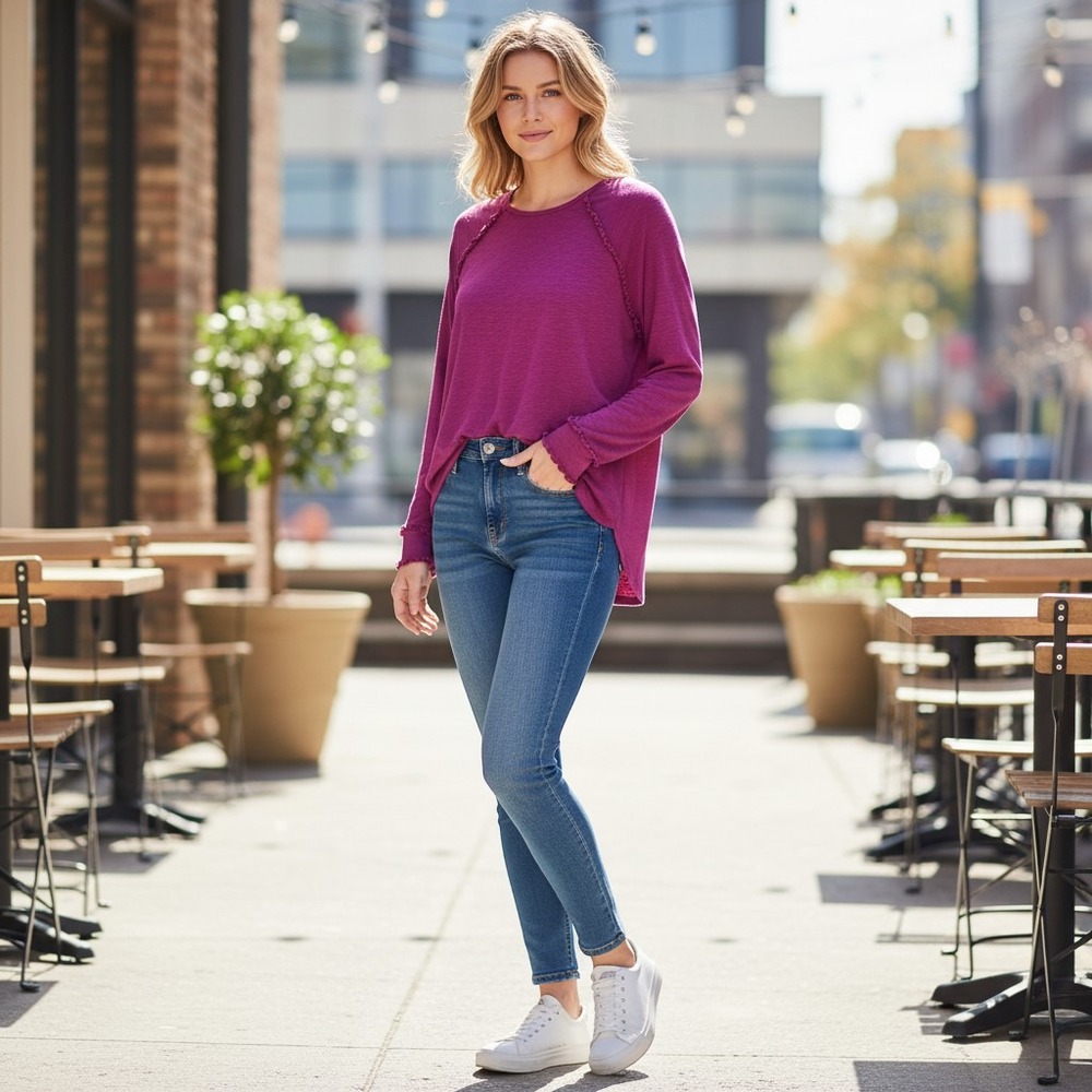 LC Lauren Conrad Magenta Ruffle Raglan Long Sleeve Top Purple Medium EUC